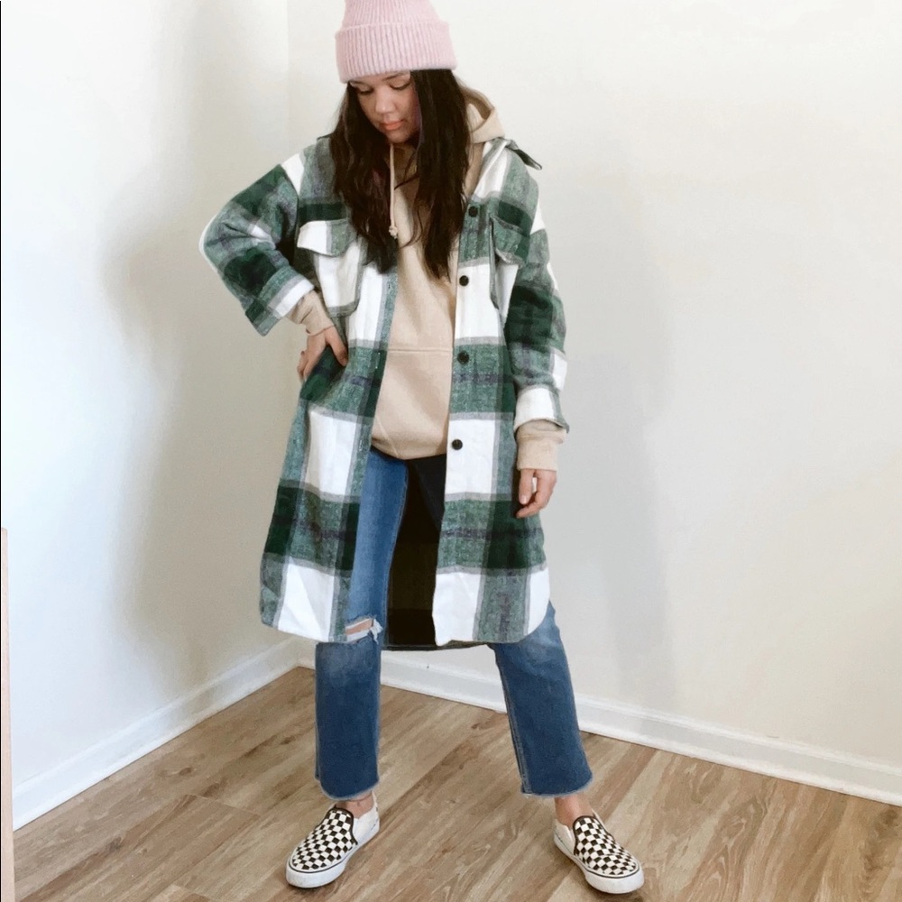 Green plaid long shacket